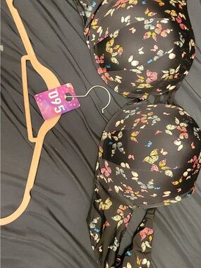 Molded Cup Bra with Multicolor Butterfly Print - Black
